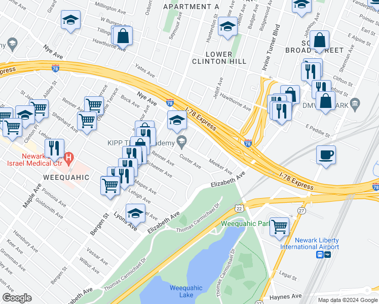map of restaurants, bars, coffee shops, grocery stores, and more near 323-325 Meeker Avenue in Newark