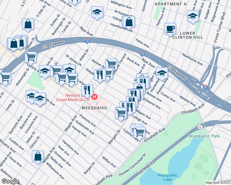 map of restaurants, bars, coffee shops, grocery stores, and more near 181 Shephard Avenue in Newark