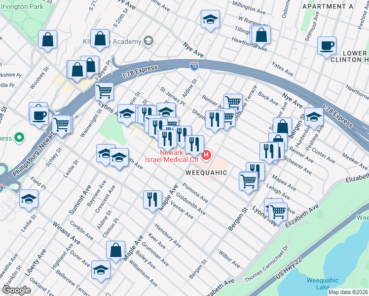 map of restaurants, bars, coffee shops, grocery stores, and more near 203 Schuyler Avenue in Newark