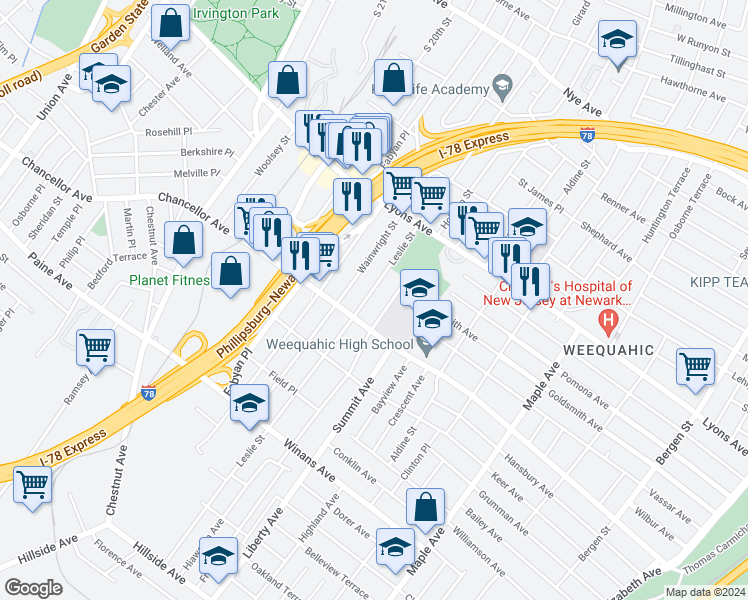 map of restaurants, bars, coffee shops, grocery stores, and more near 375 Leslie Street in Newark