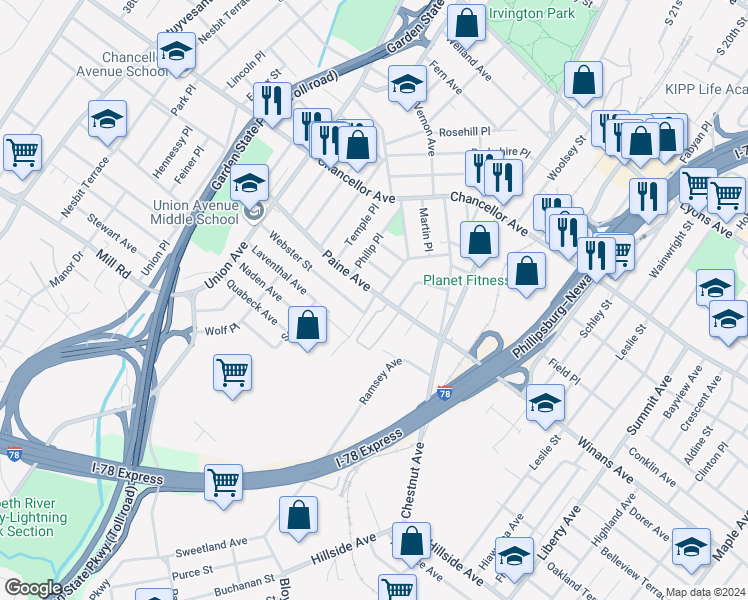map of restaurants, bars, coffee shops, grocery stores, and more near 73-75 Bedford Terrace in Irvington
