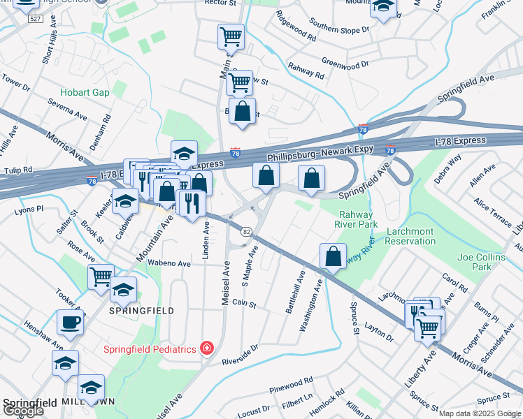 map of restaurants, bars, coffee shops, grocery stores, and more near 60 Springfield Avenue in Springfield