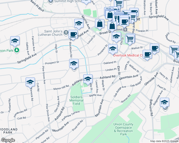 map of restaurants, bars, coffee shops, grocery stores, and more near 52 Oakland Place in Summit