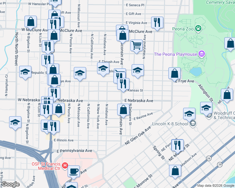 map of restaurants, bars, coffee shops, grocery stores, and more near 728 East Frye Avenue in Peoria