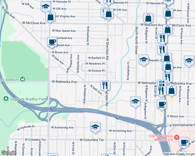 map of restaurants, bars, coffee shops, grocery stores, and more near 806 West Eleanor Place in Peoria