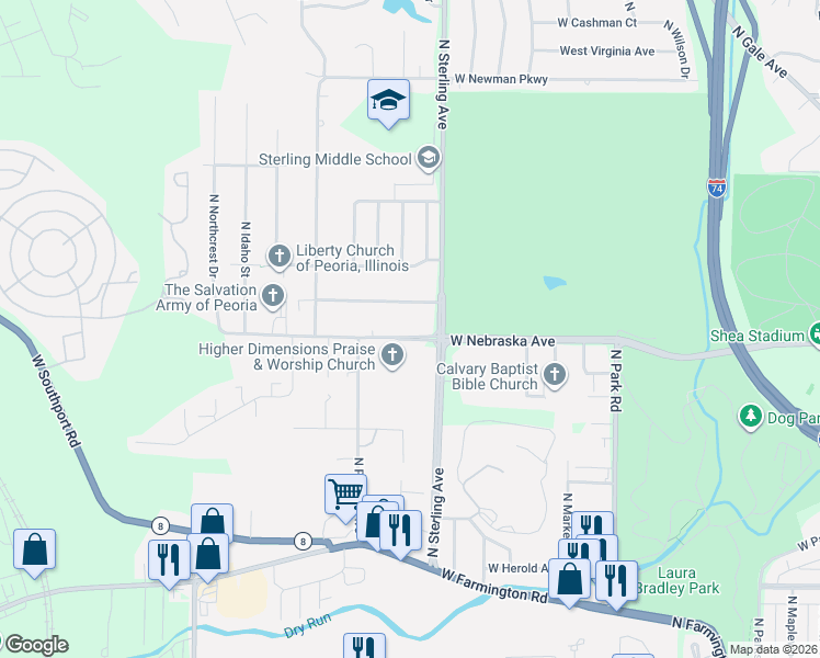 map of restaurants, bars, coffee shops, grocery stores, and more near 2528 W Kansas St in Peoria