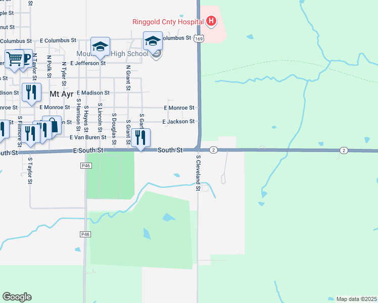map of restaurants, bars, coffee shops, grocery stores, and more near 301 North Cleveland Street in Mount Ayr