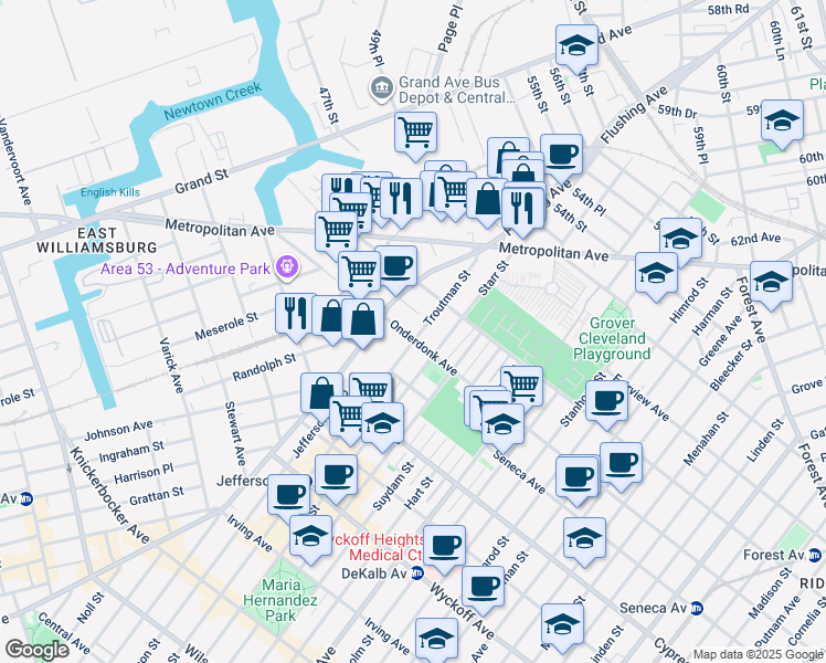 map of restaurants, bars, coffee shops, grocery stores, and more near 22 Charlotte Street in Queens