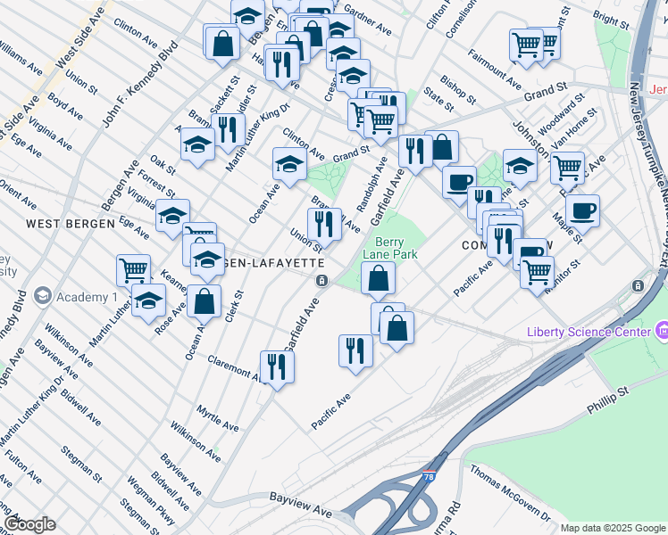 map of restaurants, bars, coffee shops, grocery stores, and more near 935 Garfield Avenue in Jersey City