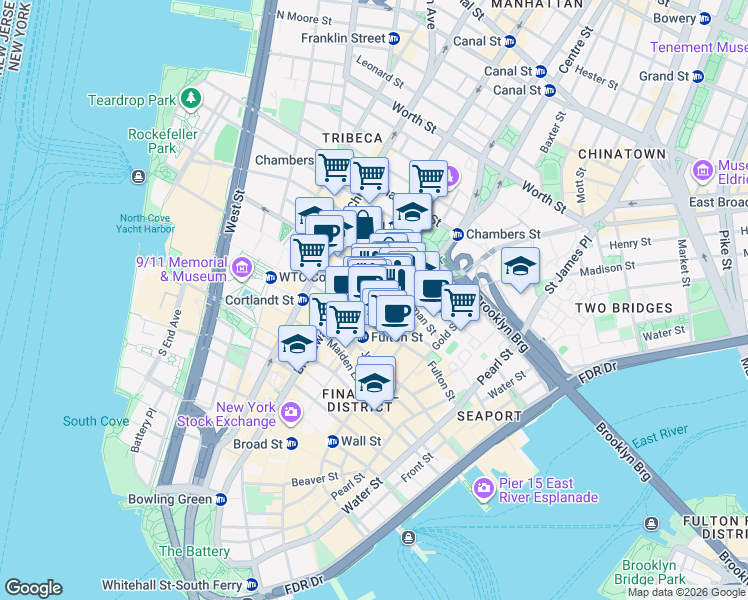 map of restaurants, bars, coffee shops, grocery stores, and more near 17 Ann Street in New York