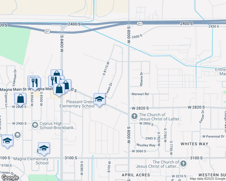 map of restaurants, bars, coffee shops, grocery stores, and more near 2670 South Melville Drive in Magna