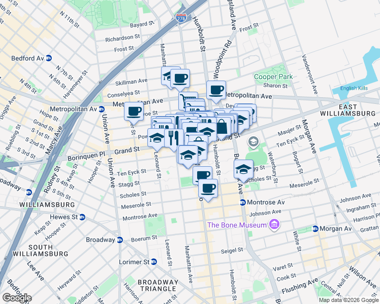 map of restaurants, bars, coffee shops, grocery stores, and more near 159 Maujer Street in Brooklyn