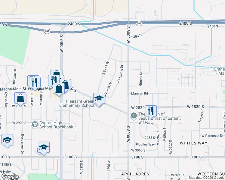 map of restaurants, bars, coffee shops, grocery stores, and more near 2670 South Melville Drive in Magna