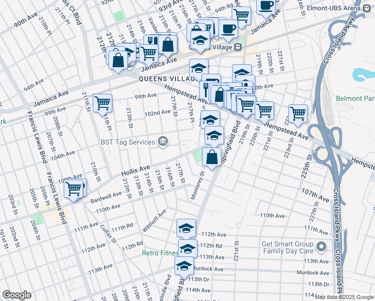 map of restaurants, bars, coffee shops, grocery stores, and more near 21739R Hollis Avenue in Queens