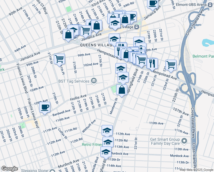 map of restaurants, bars, coffee shops, grocery stores, and more near 21739R Hollis Avenue in Queens
