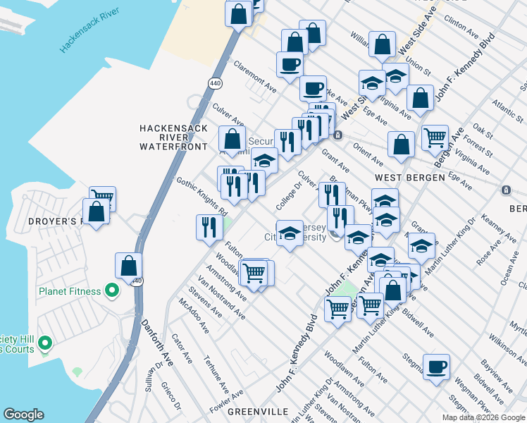 map of restaurants, bars, coffee shops, grocery stores, and more near 236 West Side Avenue in Jersey City