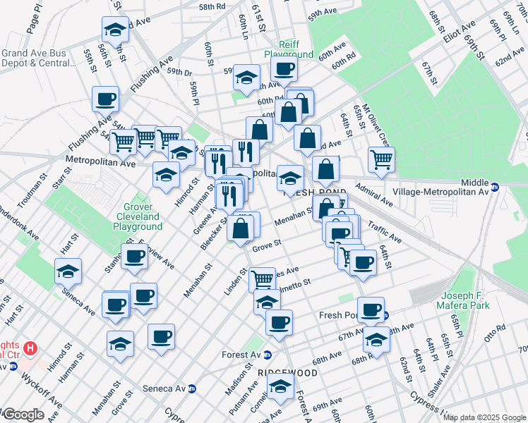 map of restaurants, bars, coffee shops, grocery stores, and more near 62-78 60th Place in Queens