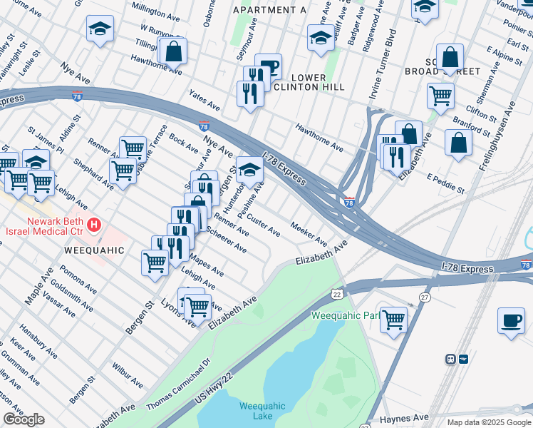 map of restaurants, bars, coffee shops, grocery stores, and more near 323-325 Meeker Avenue in Newark