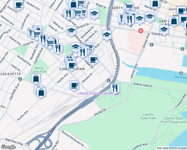 map of restaurants, bars, coffee shops, grocery stores, and more near 56 Monitor Street in Jersey City