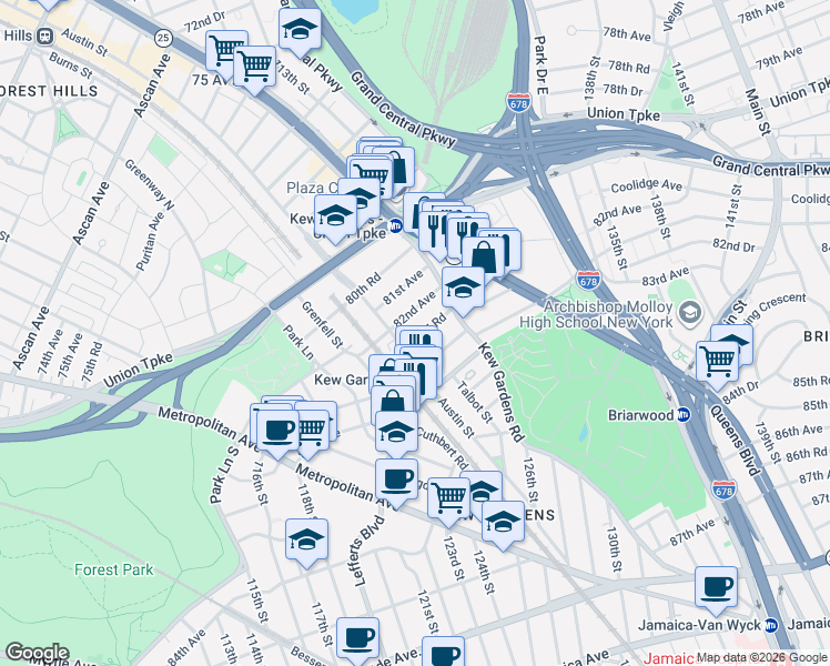 map of restaurants, bars, coffee shops, grocery stores, and more near 108 82nd Road in Queens