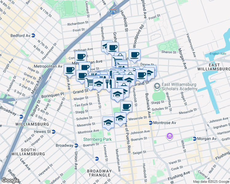map of restaurants, bars, coffee shops, grocery stores, and more near 672 Grand Street in Brooklyn
