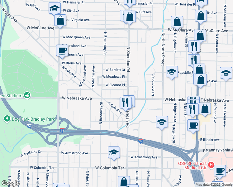 map of restaurants, bars, coffee shops, grocery stores, and more near 806 West Eleanor Place in Peoria