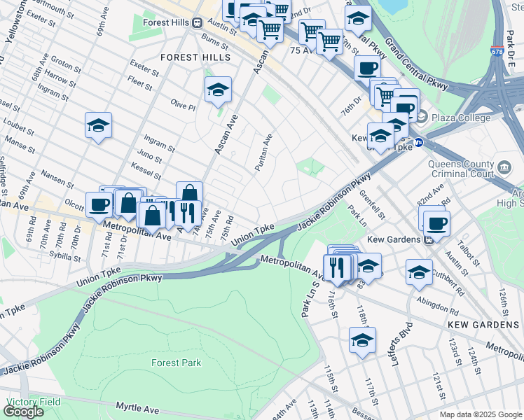 map of restaurants, bars, coffee shops, grocery stores, and more near 20 77th Avenue in Queens