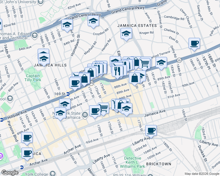map of restaurants, bars, coffee shops, grocery stores, and more near 17566 Hillside Avenue in Queens