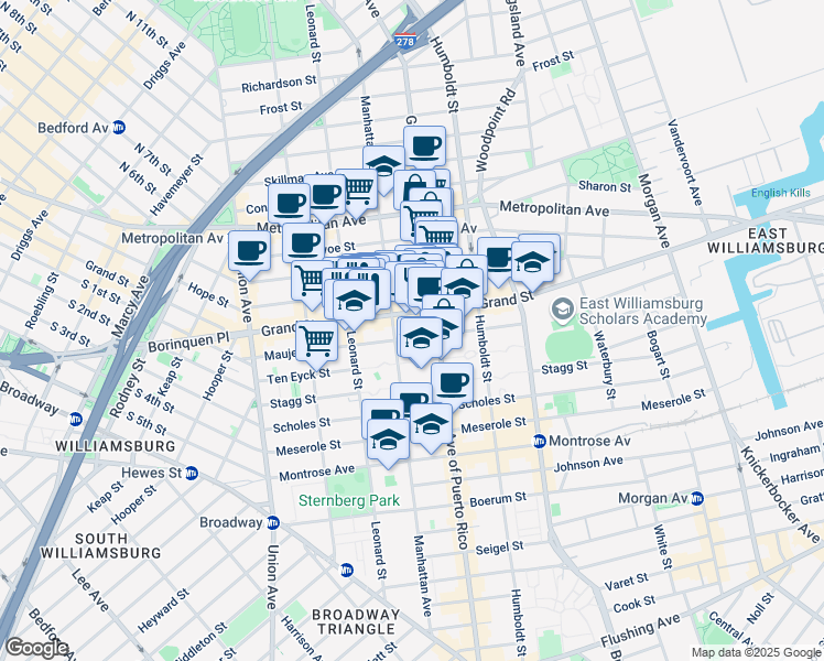 map of restaurants, bars, coffee shops, grocery stores, and more near 672 Grand Street in Brooklyn