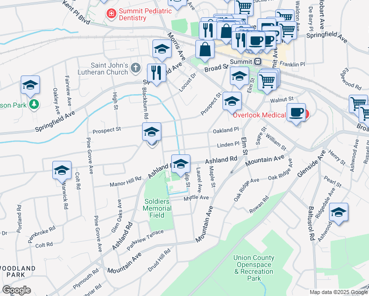 map of restaurants, bars, coffee shops, grocery stores, and more near 52 Oakland Place in Summit