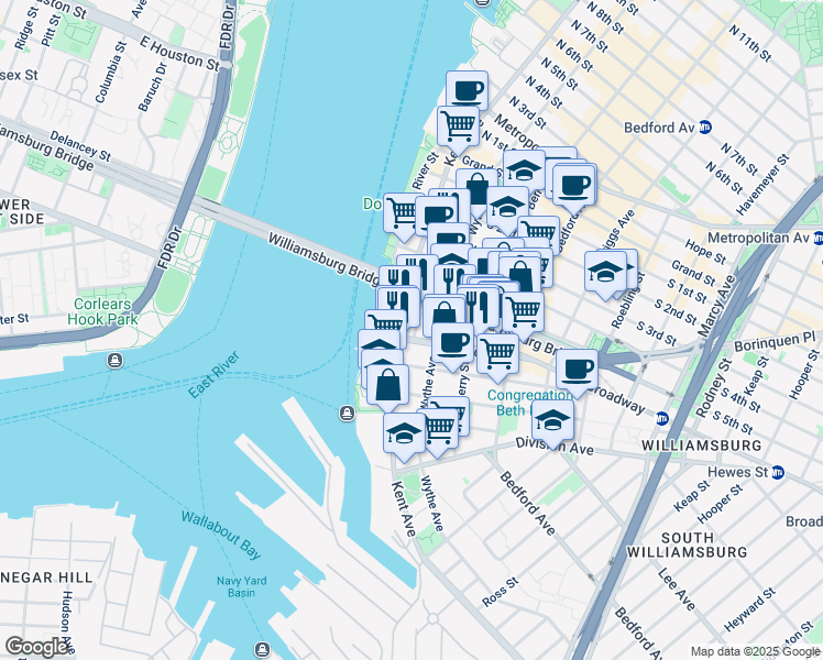 map of restaurants, bars, coffee shops, grocery stores, and more near 375 Kent Avenue in Brooklyn