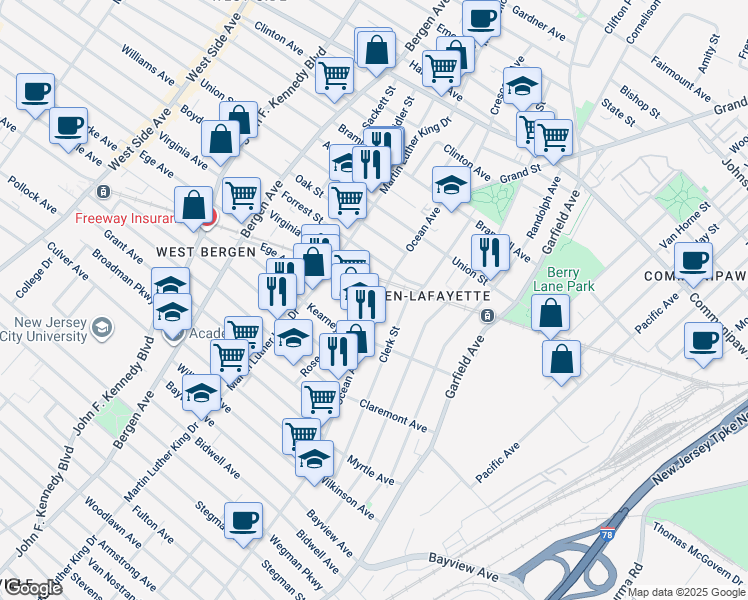 map of restaurants, bars, coffee shops, grocery stores, and more near 3 Virginia Avenue in Jersey City
