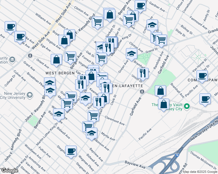 map of restaurants, bars, coffee shops, grocery stores, and more near 3 Virginia Avenue in Jersey City