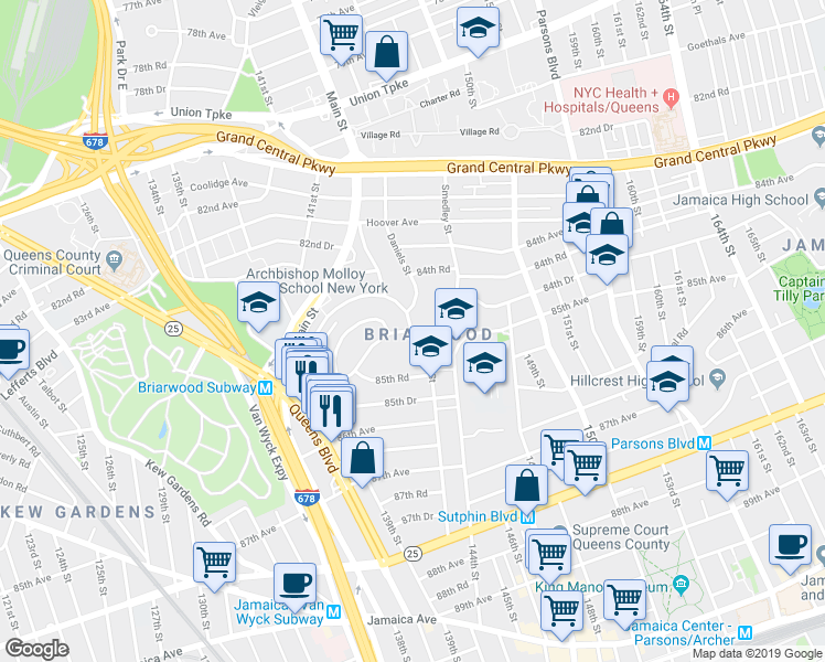 map of restaurants, bars, coffee shops, grocery stores, and more near 84th Dr & Pershing Crescent in Queens