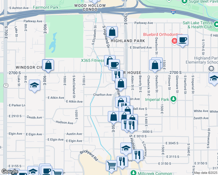 map of restaurants, bars, coffee shops, grocery stores, and more near 1182 East 2700 South in Salt Lake City