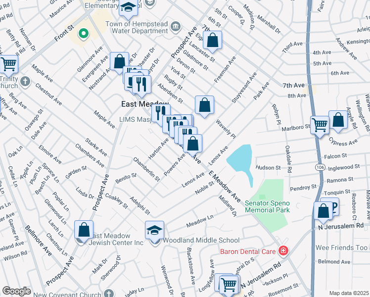 map of restaurants, bars, coffee shops, grocery stores, and more near 2333 Powers Avenue in East Meadow