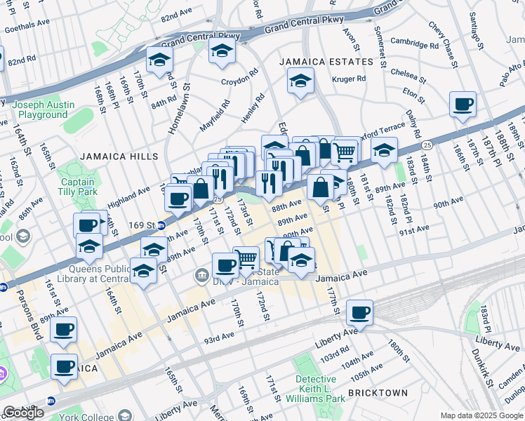 map of restaurants, bars, coffee shops, grocery stores, and more near 8720 175th Street in Queens