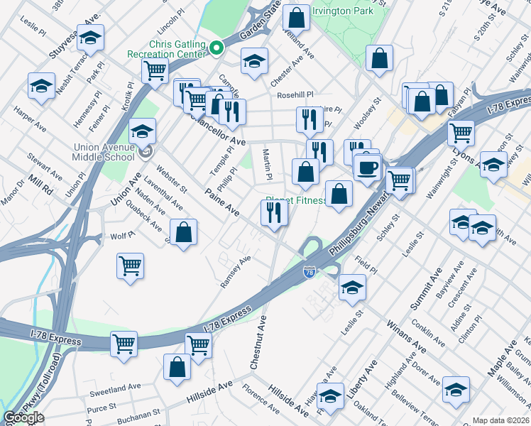 map of restaurants, bars, coffee shops, grocery stores, and more near 28 Dupont Place in Irvington