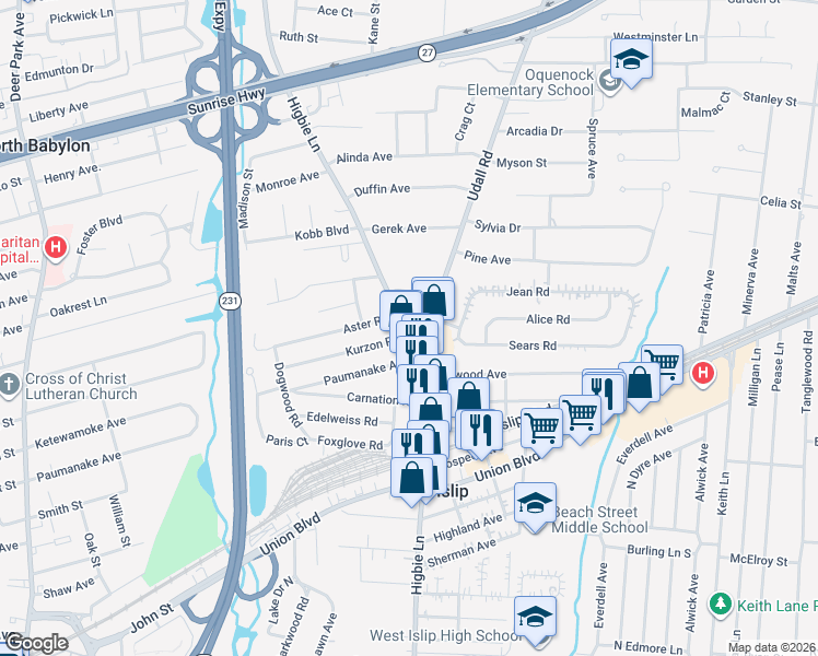 map of restaurants, bars, coffee shops, grocery stores, and more near 12 Udall Road in West Islip