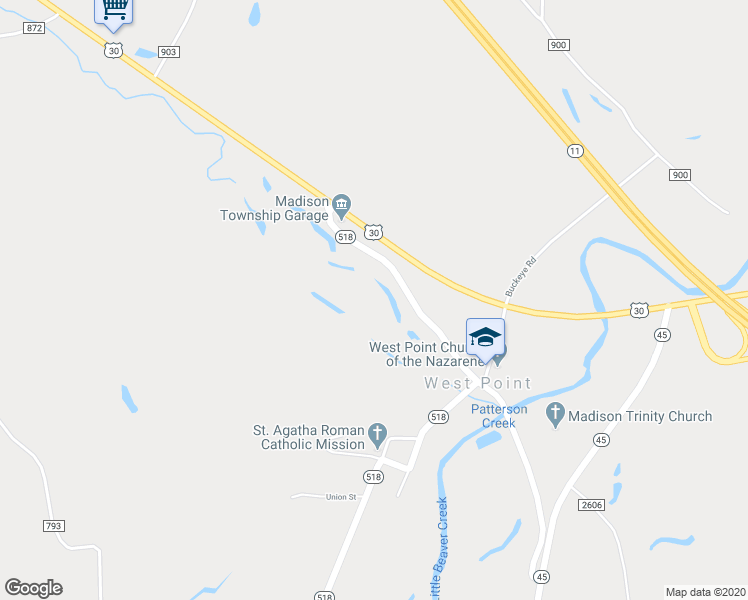 map of restaurants, bars, coffee shops, grocery stores, and more near in West Point