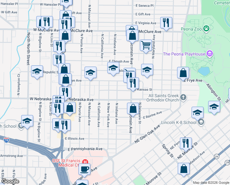 map of restaurants, bars, coffee shops, grocery stores, and more near 1917 North Indiana Avenue in Peoria
