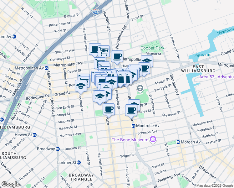 map of restaurants, bars, coffee shops, grocery stores, and more near Humboldt St & Maujer St in Brooklyn