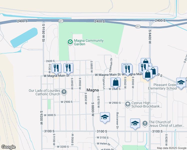 map of restaurants, bars, coffee shops, grocery stores, and more near West Magna Main Street in Magna