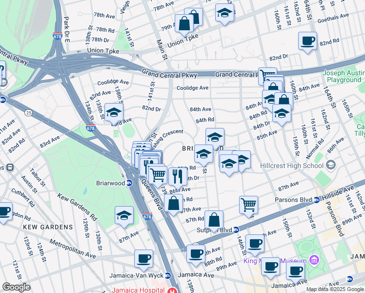 map of restaurants, bars, coffee shops, grocery stores, and more near 141-49 84th Drive in Queens