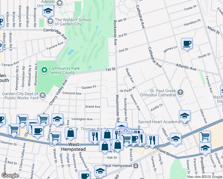 map of restaurants, bars, coffee shops, grocery stores, and more near 215 Westminster Road in West Hempstead