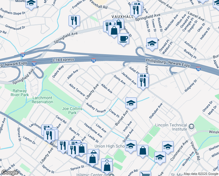 map of restaurants, bars, coffee shops, grocery stores, and more near 1304 Lincrest Terrace in Union