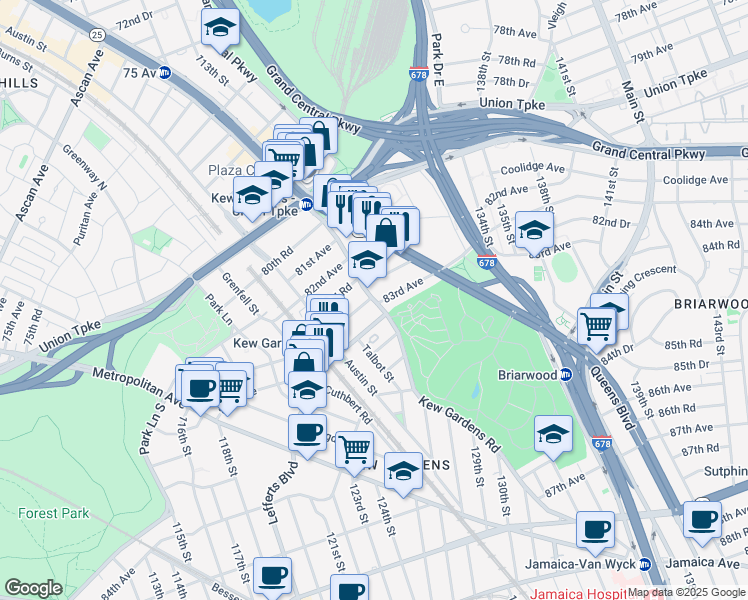 map of restaurants, bars, coffee shops, grocery stores, and more near 82 Kew Gardens Road in Queens