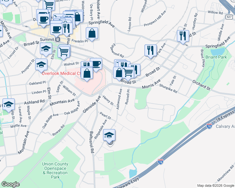 map of restaurants, bars, coffee shops, grocery stores, and more near in Summit
