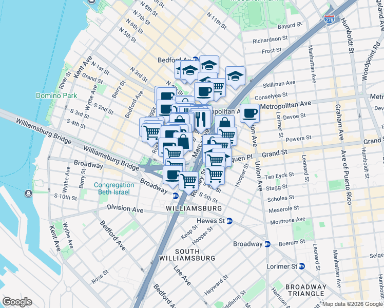 map of restaurants, bars, coffee shops, grocery stores, and more near 286 South 2nd Street in Brooklyn