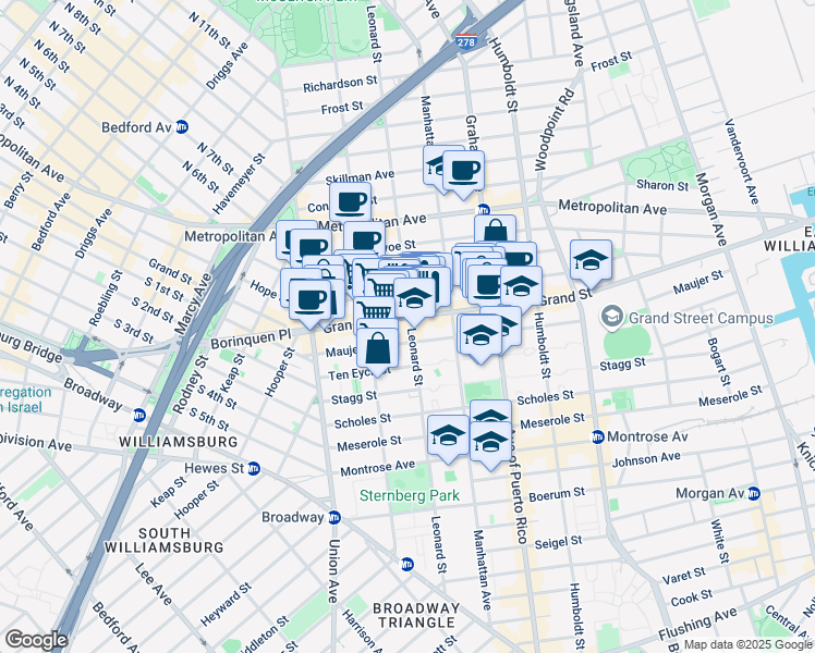 map of restaurants, bars, coffee shops, grocery stores, and more near 622 Grand Street in Brooklyn